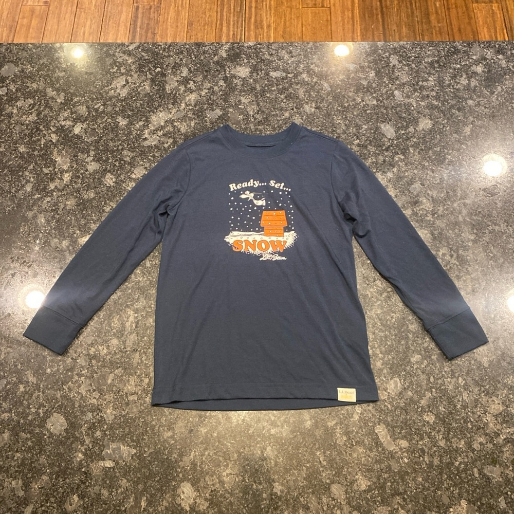 LL Bean Peanuts Ready Set Snow Snoopy T-shirt Navy Blue Long Sleeve Kids Large